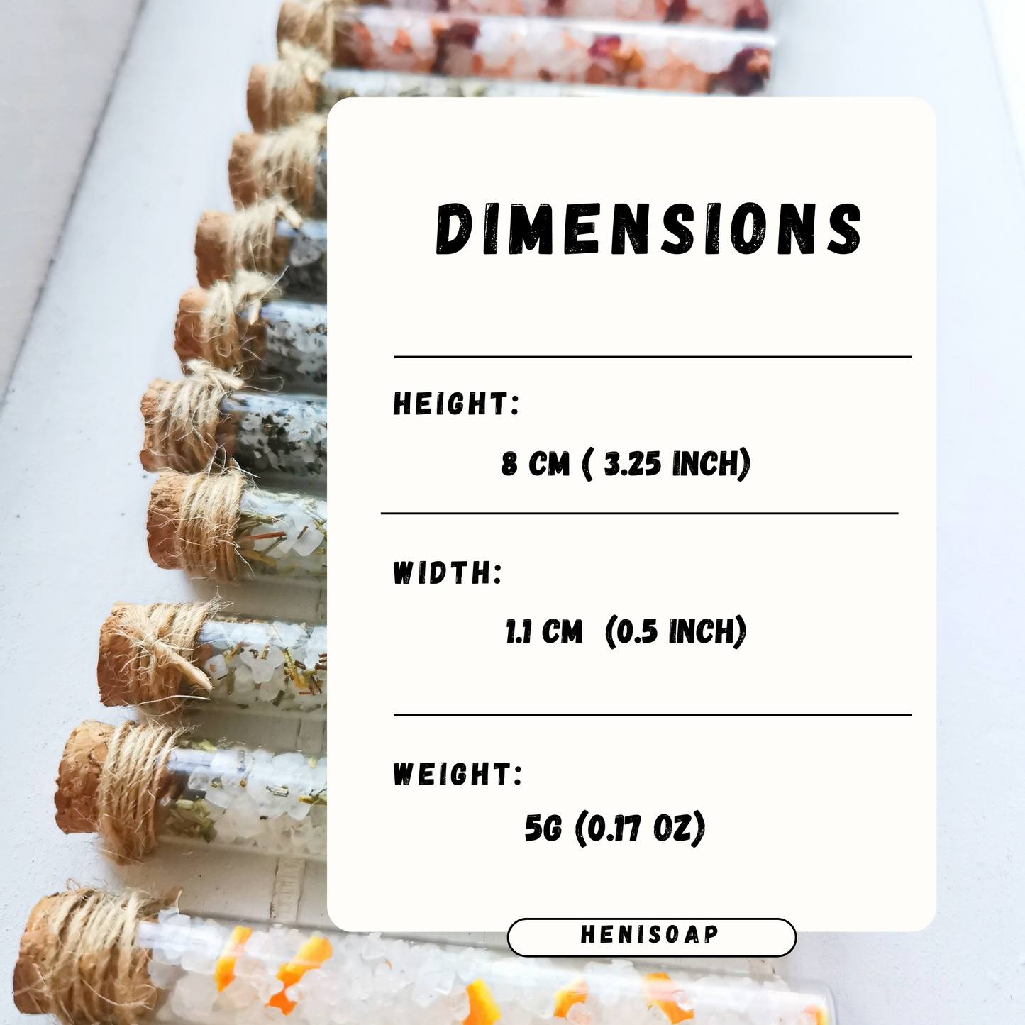 Small glass bottles with cork stoppers containing a white powdery substance, tied with twine, on a white background with dimensions displayed.