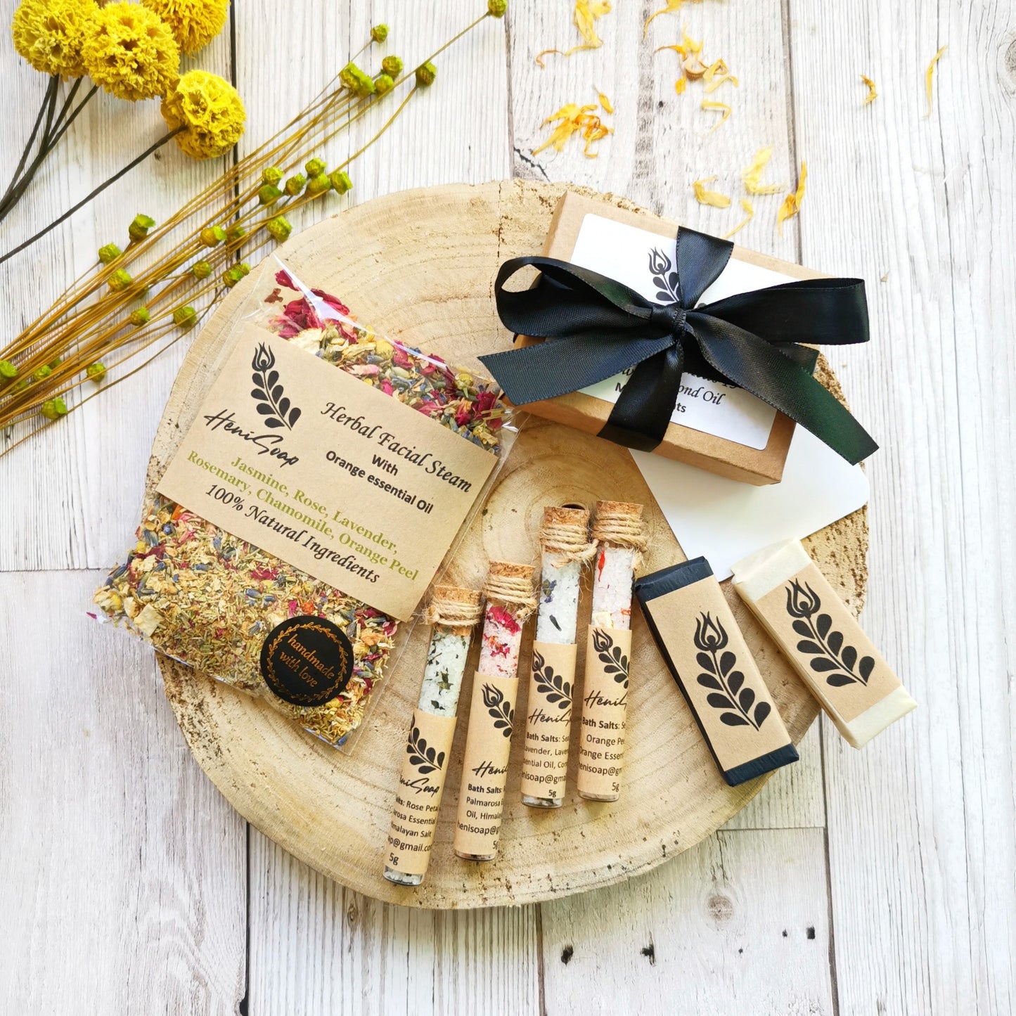 pamper set with soaps, bath salt, bath melts and facial steam