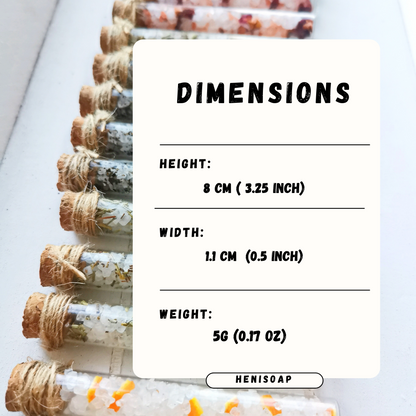 Small glass bottles with cork stoppers containing a white powdery substance, tied with twine, on a white background with dimensions displayed.
