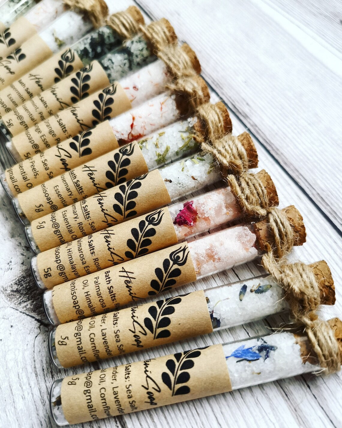 Mini vegan bath salt favours in glass tubes