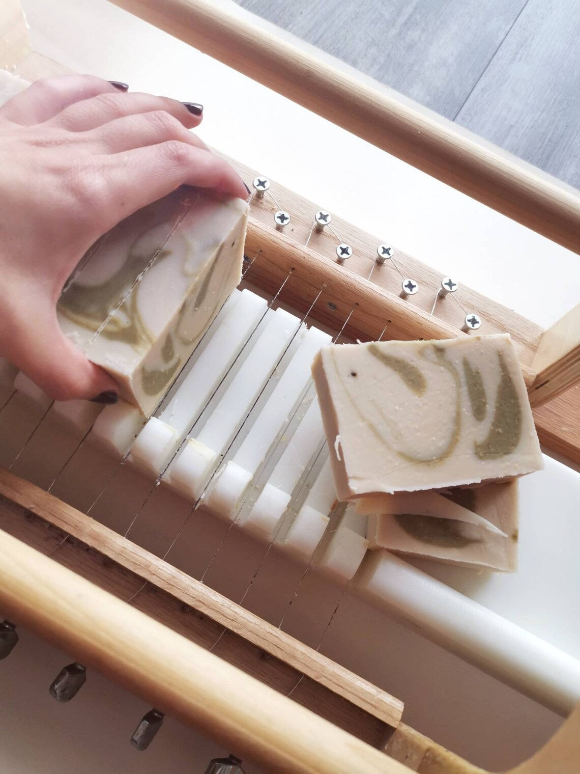 slicing spinach soap